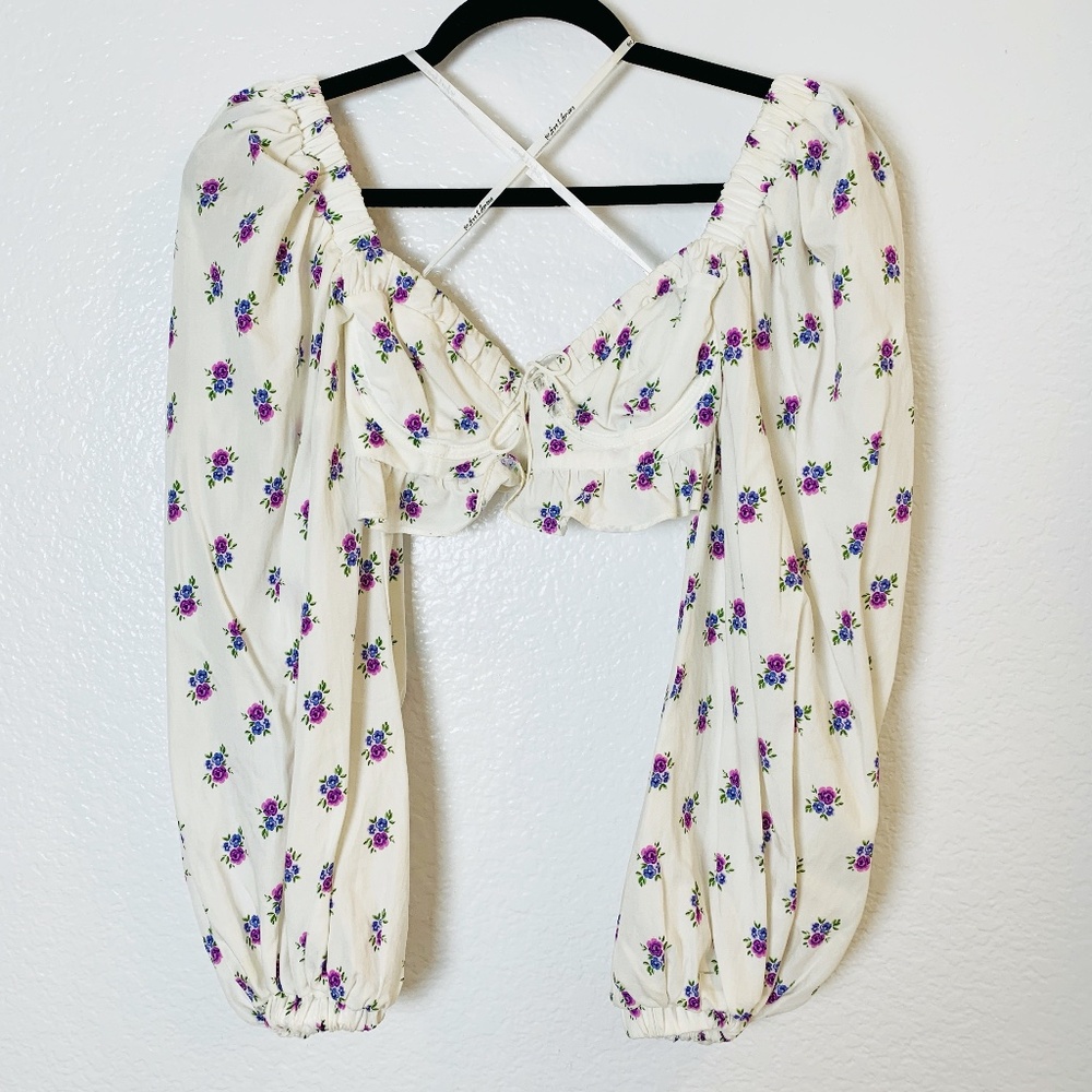 For Love & Lemons Viola Crop Top Size XS White Floral Coquette Cottage Core Boho